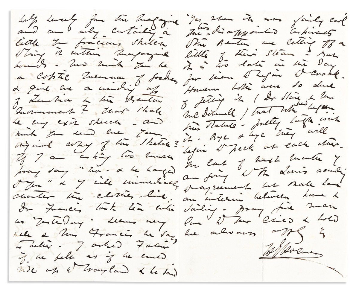 Hosmer, Harriet Goodhue (1830-1908) Autograph Letter Signed, Watertown, MA, 24 August [no year, circa 1860].